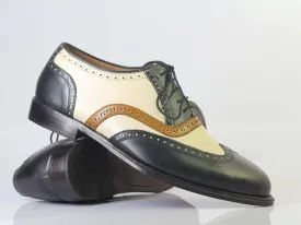 Bespoke Beige Black Wing Tip Lace Up Shoe for Men's