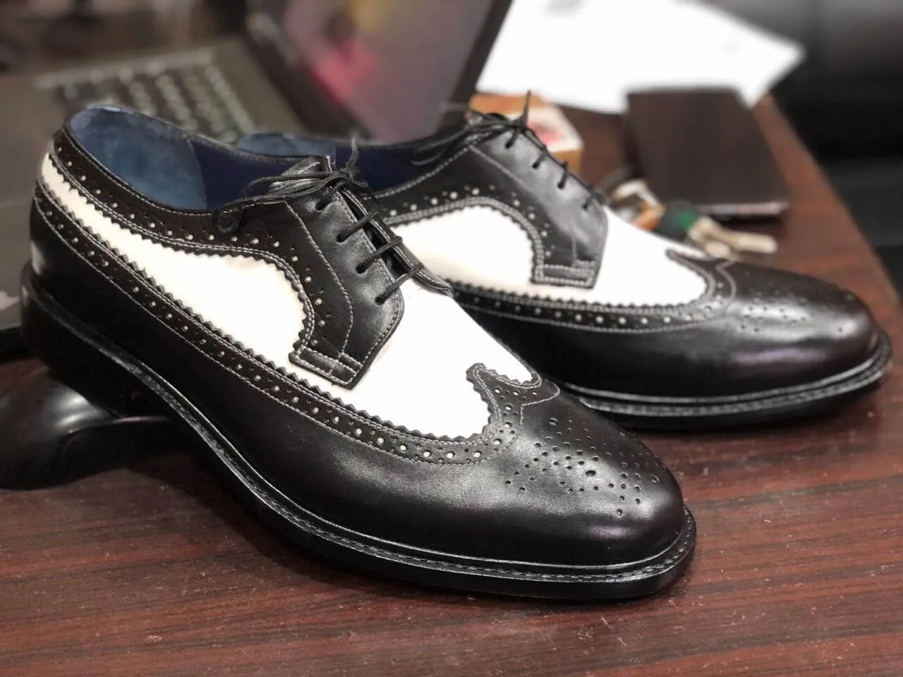 Bespoke Black & White Leather Wing Tip Lace Up Shoe for Men