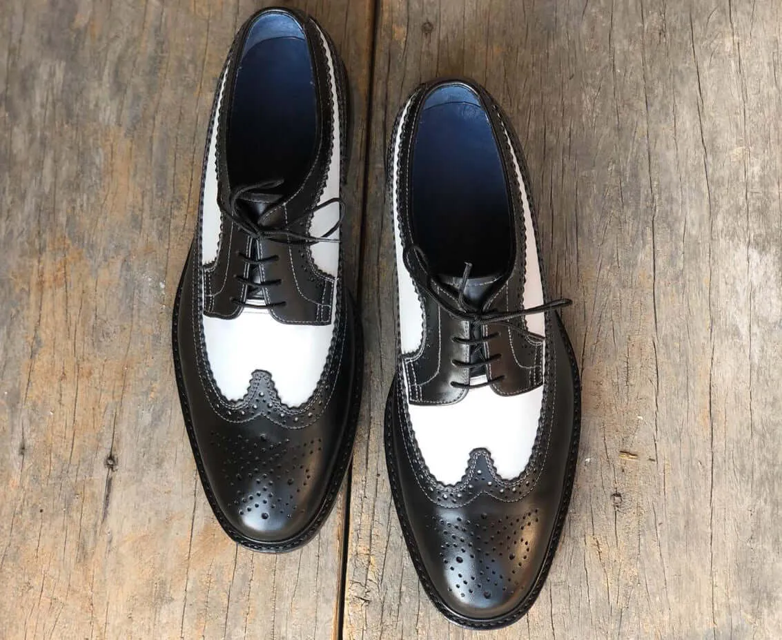 Bespoke Black & White Leather Wing Tip Lace Up Shoe for Men