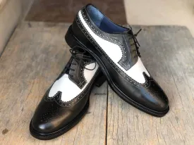 Bespoke Black & White Leather Wing Tip Lace Up Shoe for Men