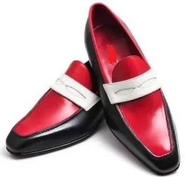 Bespoke Black and Red Leather White Penny Loafer Shoe for Men