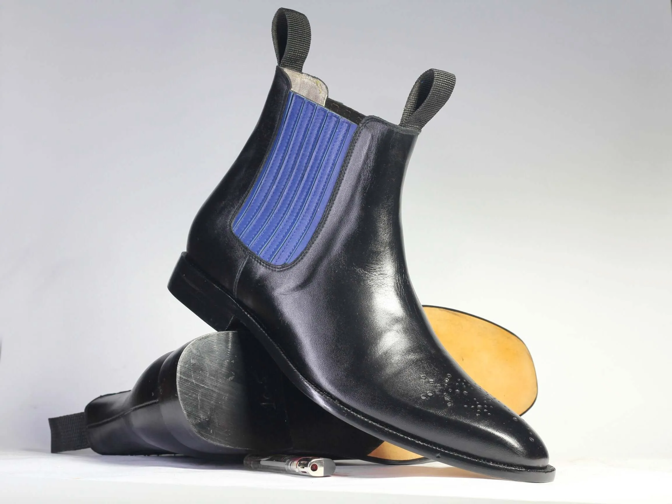 Bespoke Black Blue Chelsea Leather Stylish Boots