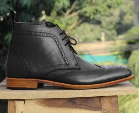 Bespoke Black Chukka Leather Wing Tip Lace Up Boots