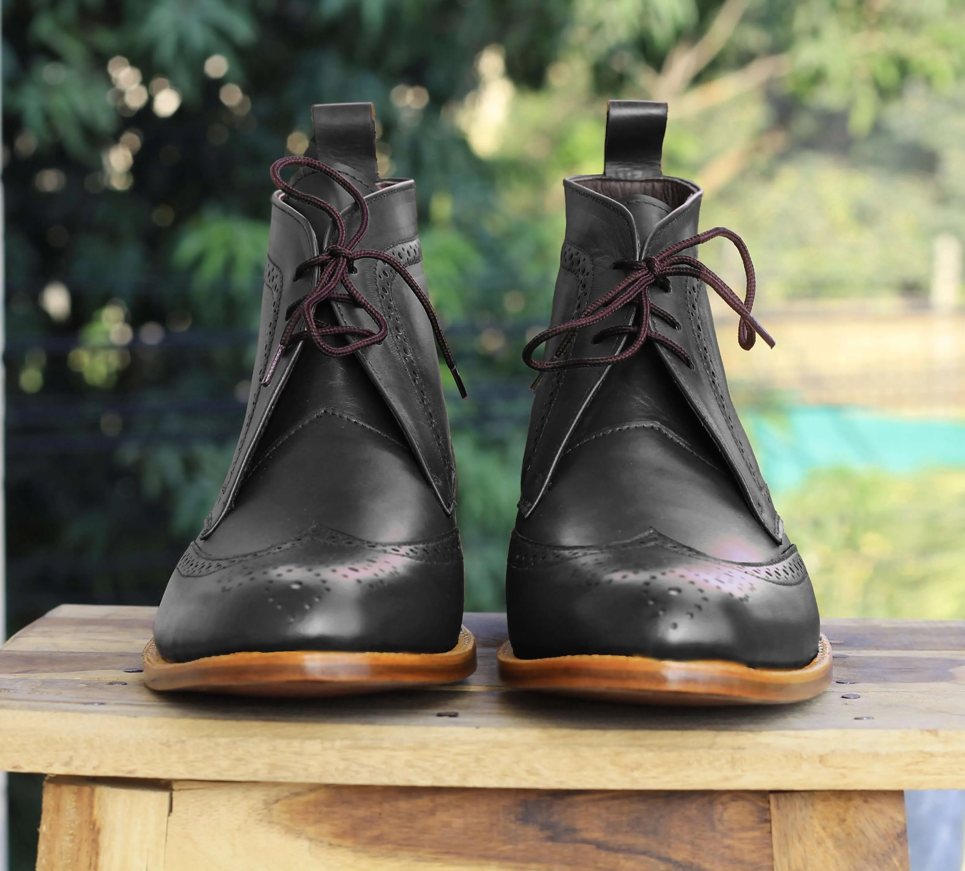 Bespoke Black Chukka Leather Wing Tip Lace Up Boots