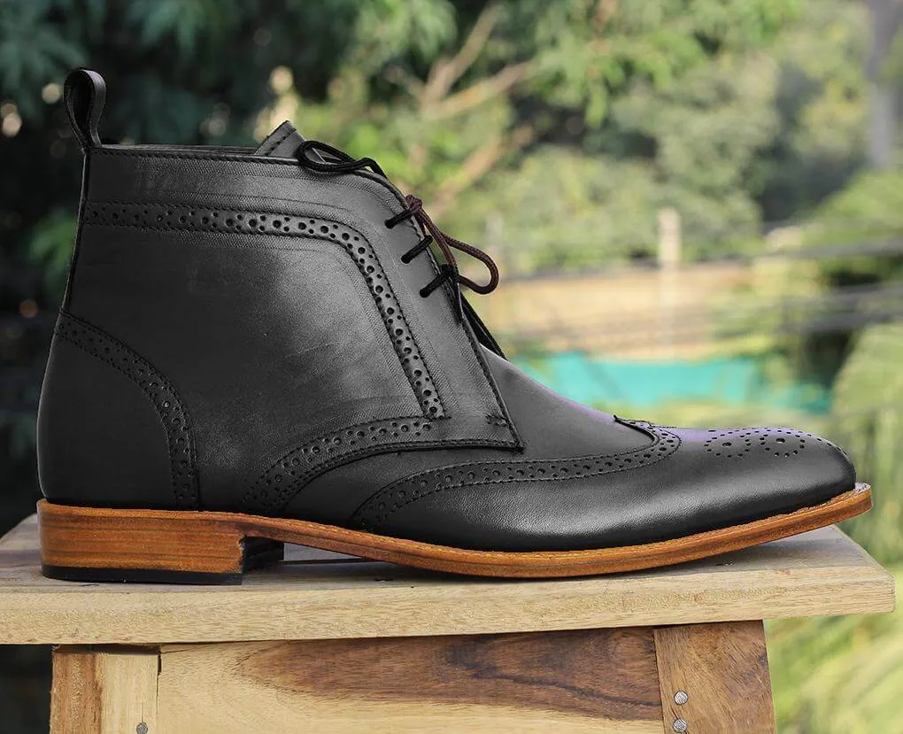 Bespoke Black Chukka Leather Wing Tip Lace Up Boots