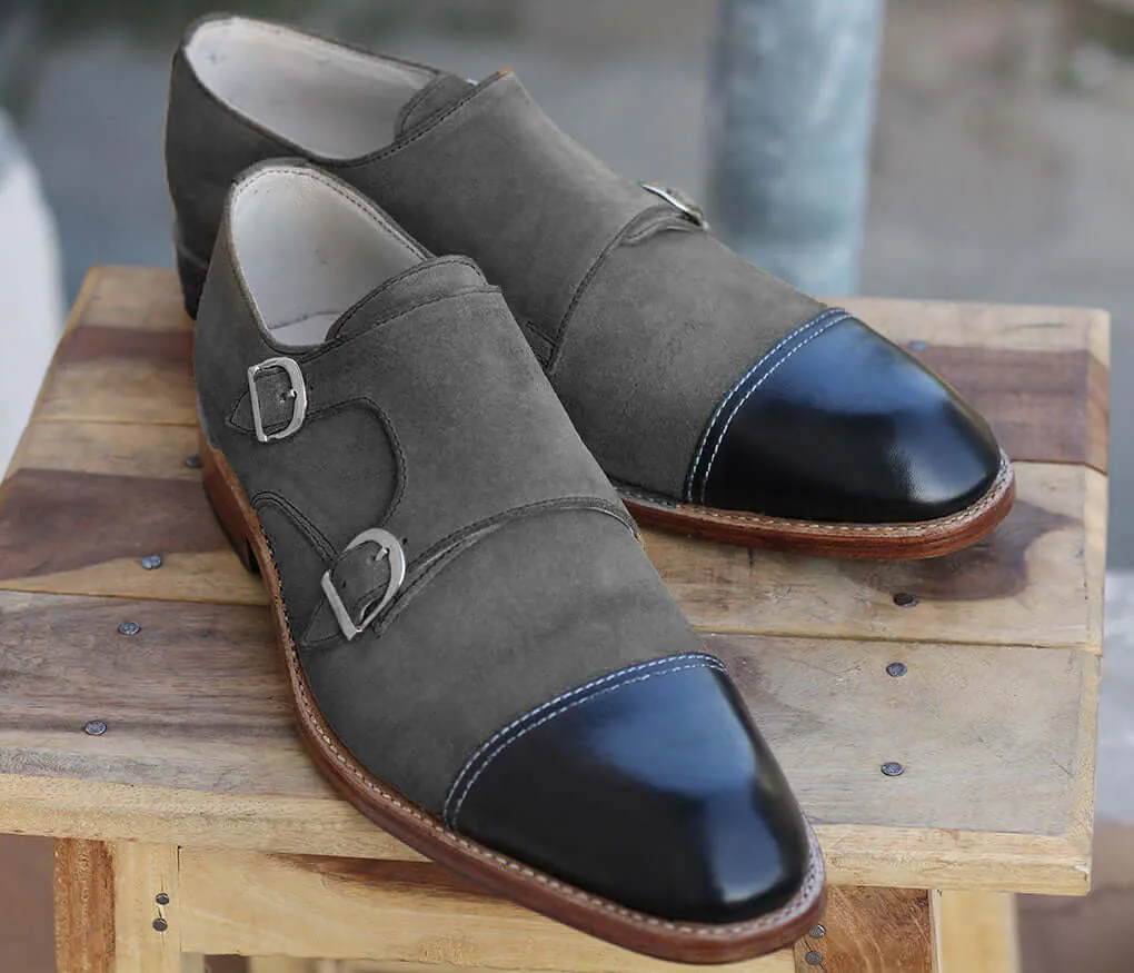 Bespoke Black Gray Leather Suede Monk Strap Shoes