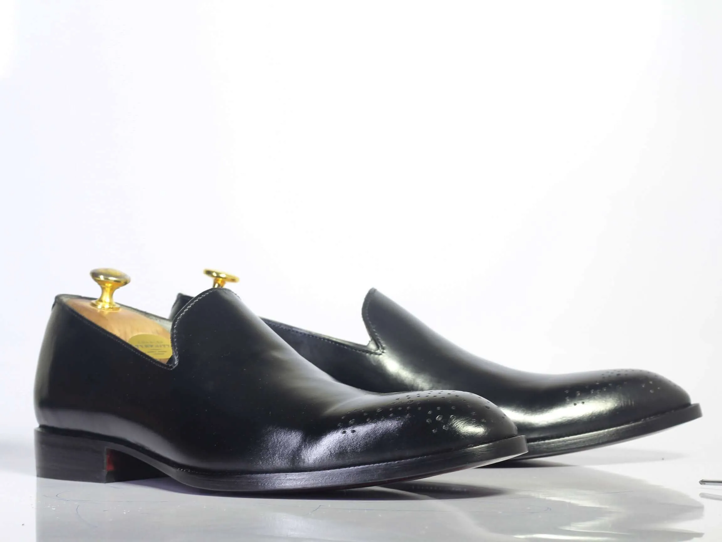 Bespoke Black Leather Brogue Toe Loafer Shoe for Men