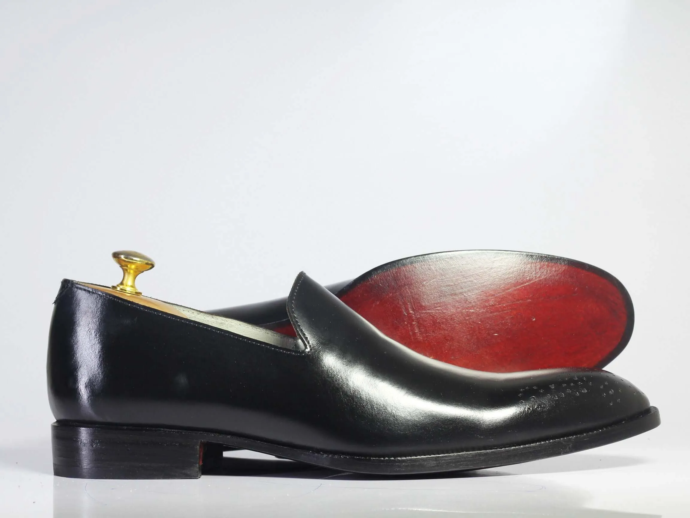 Bespoke Black Leather Brogue Toe Loafer Shoe for Men