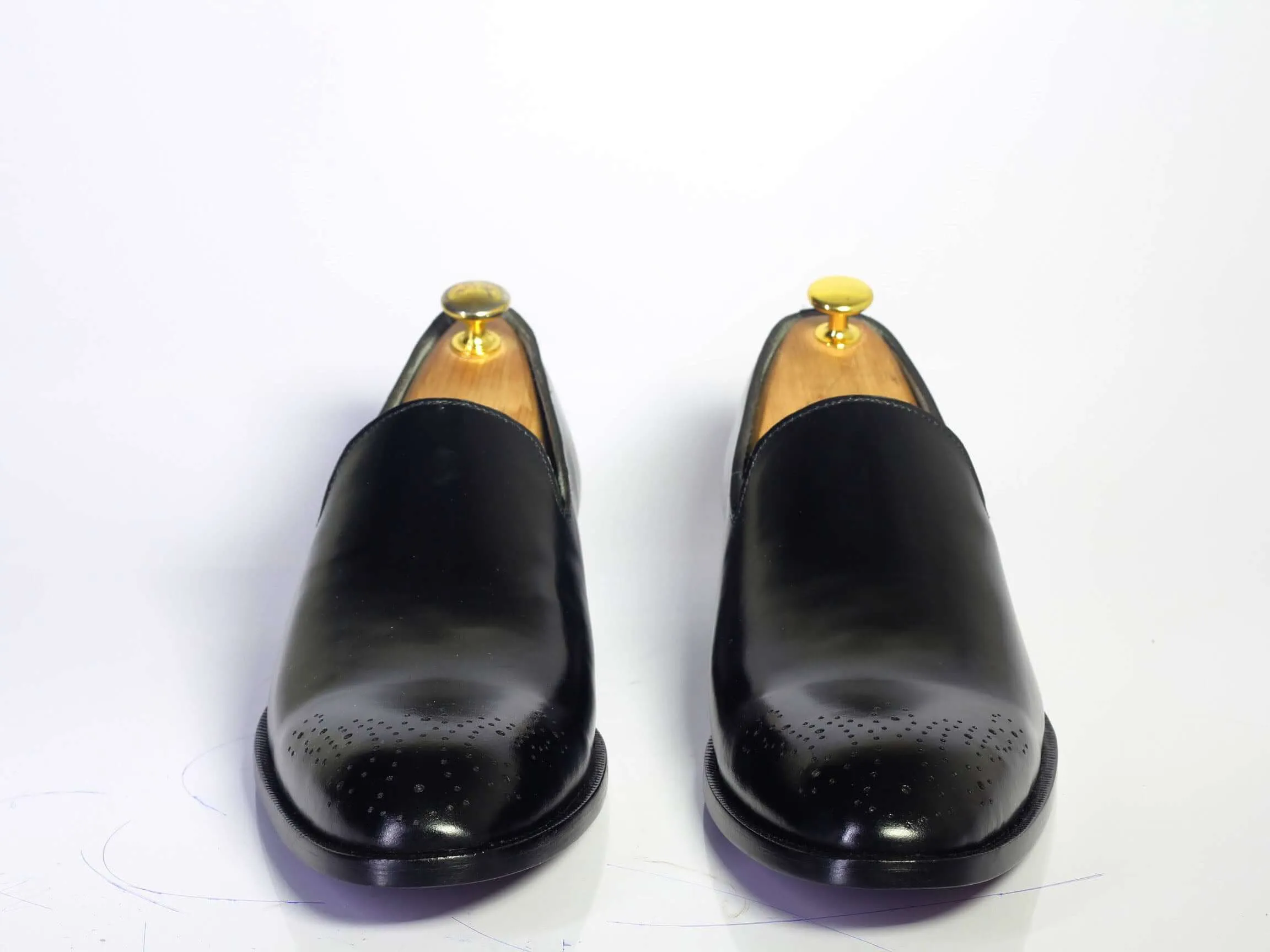 Bespoke Black Leather Brogue Toe Loafer Shoe for Men