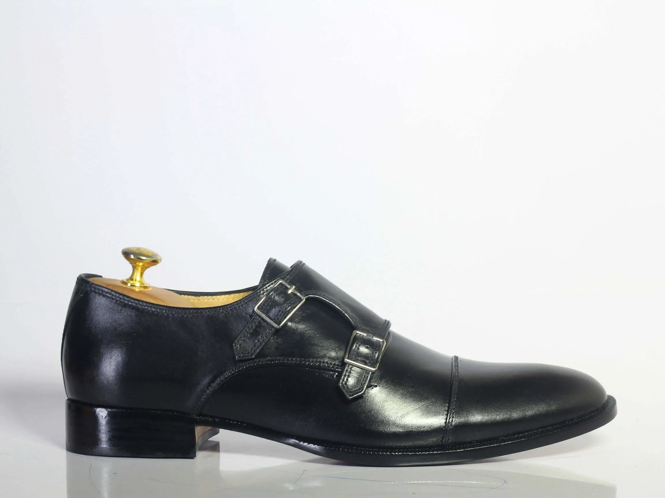 Bespoke Black Leather Monk Strap Shoe for Men's