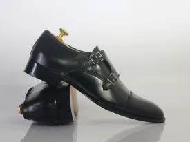 Bespoke Black Leather Monk Strap Shoe for Men's