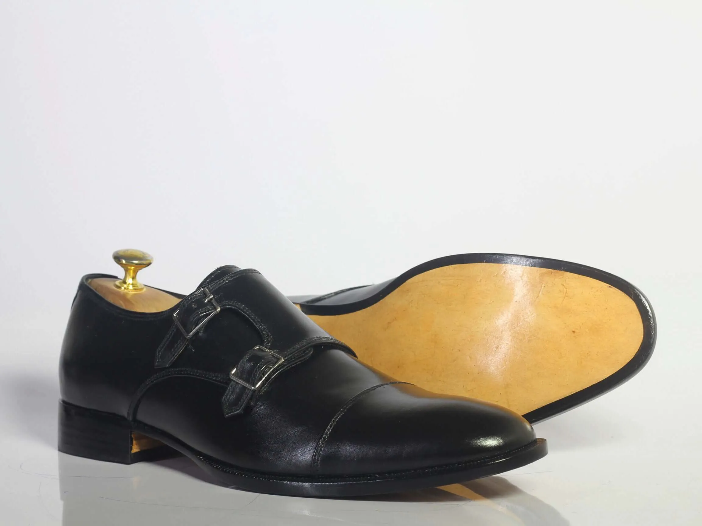 Bespoke Black Leather Monk Strap Shoe for Men's