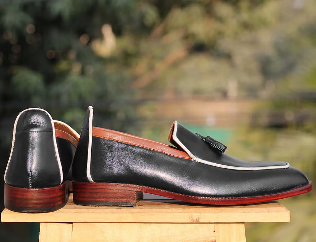 Bespoke Black(White) Leather Tussle Loafer for Men