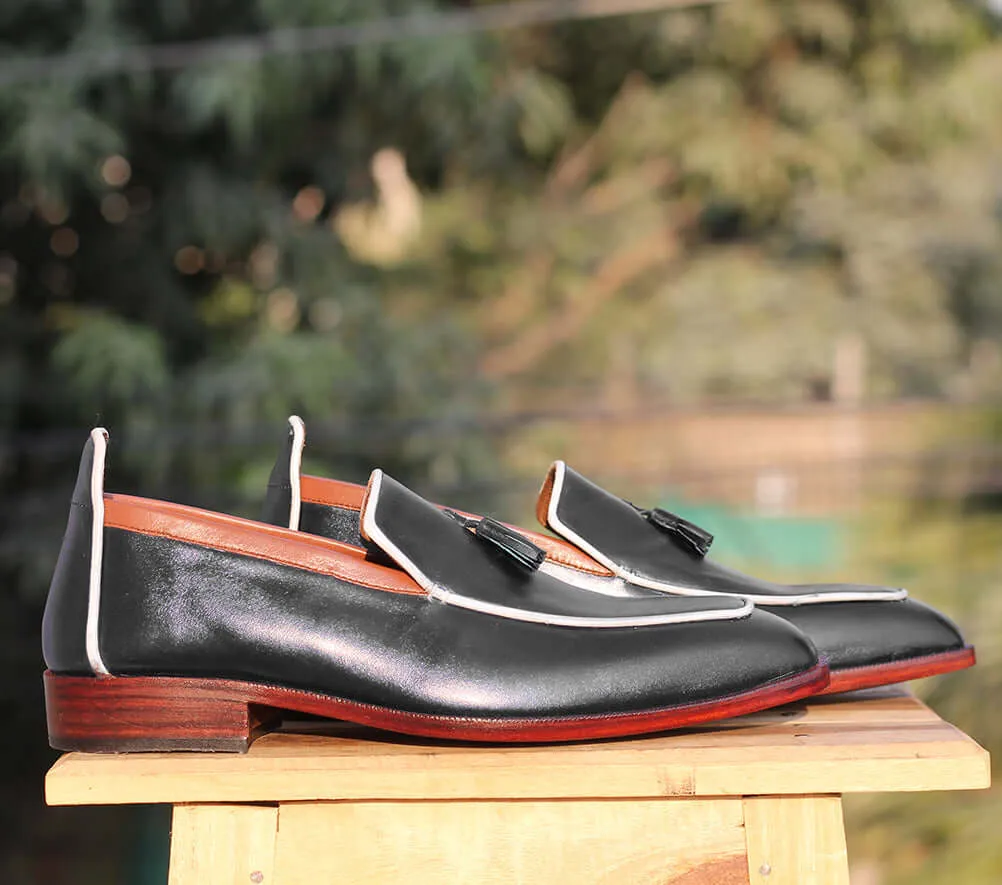 Bespoke Black(White) Leather Tussle Loafer for Men