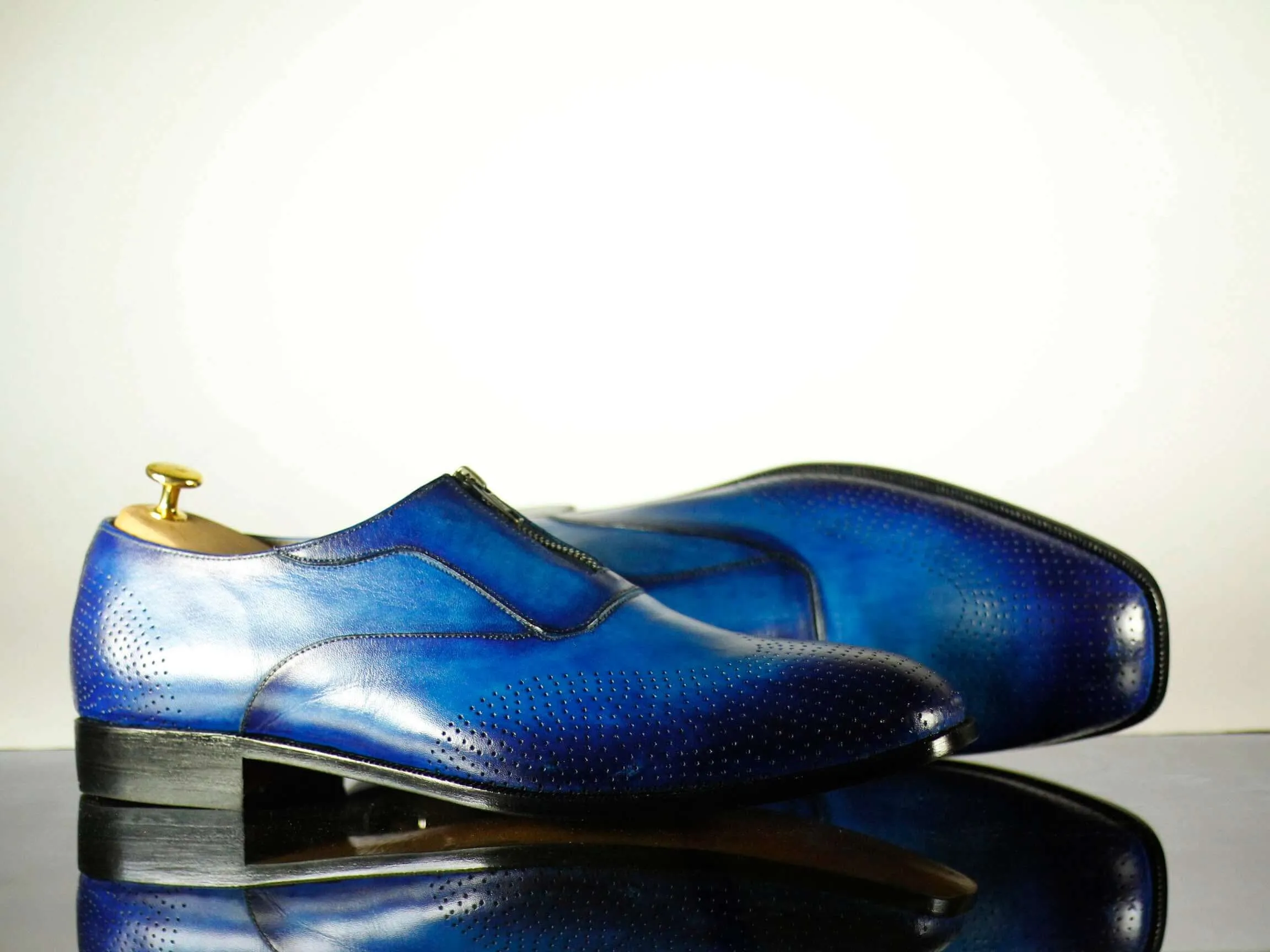 Bespoke Blue Leather Brogue Toe Zipper Shoes for Men