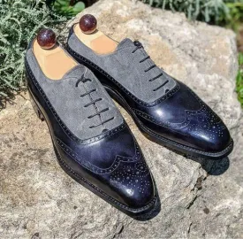 Bespoke Blue Leather Suede Lace Up Shoe For Men