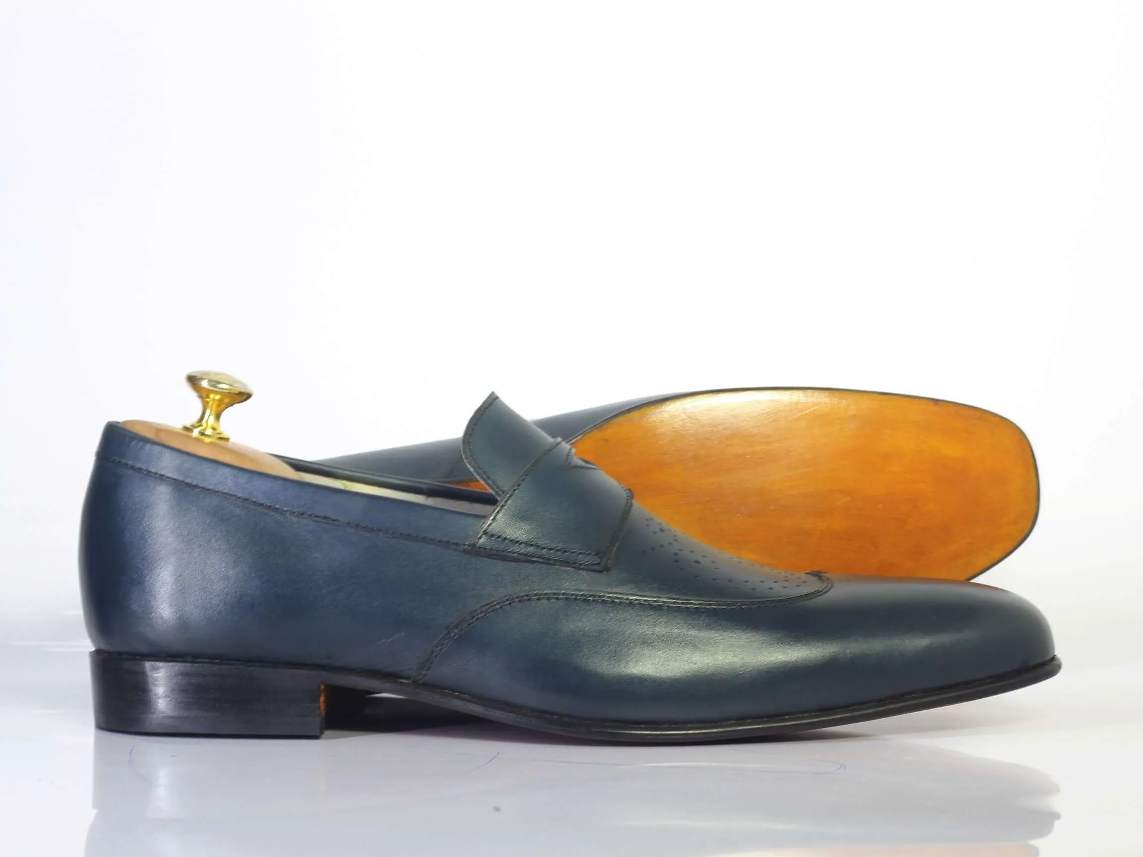 Bespoke Blue Leather Wing Tip Loafer for Men