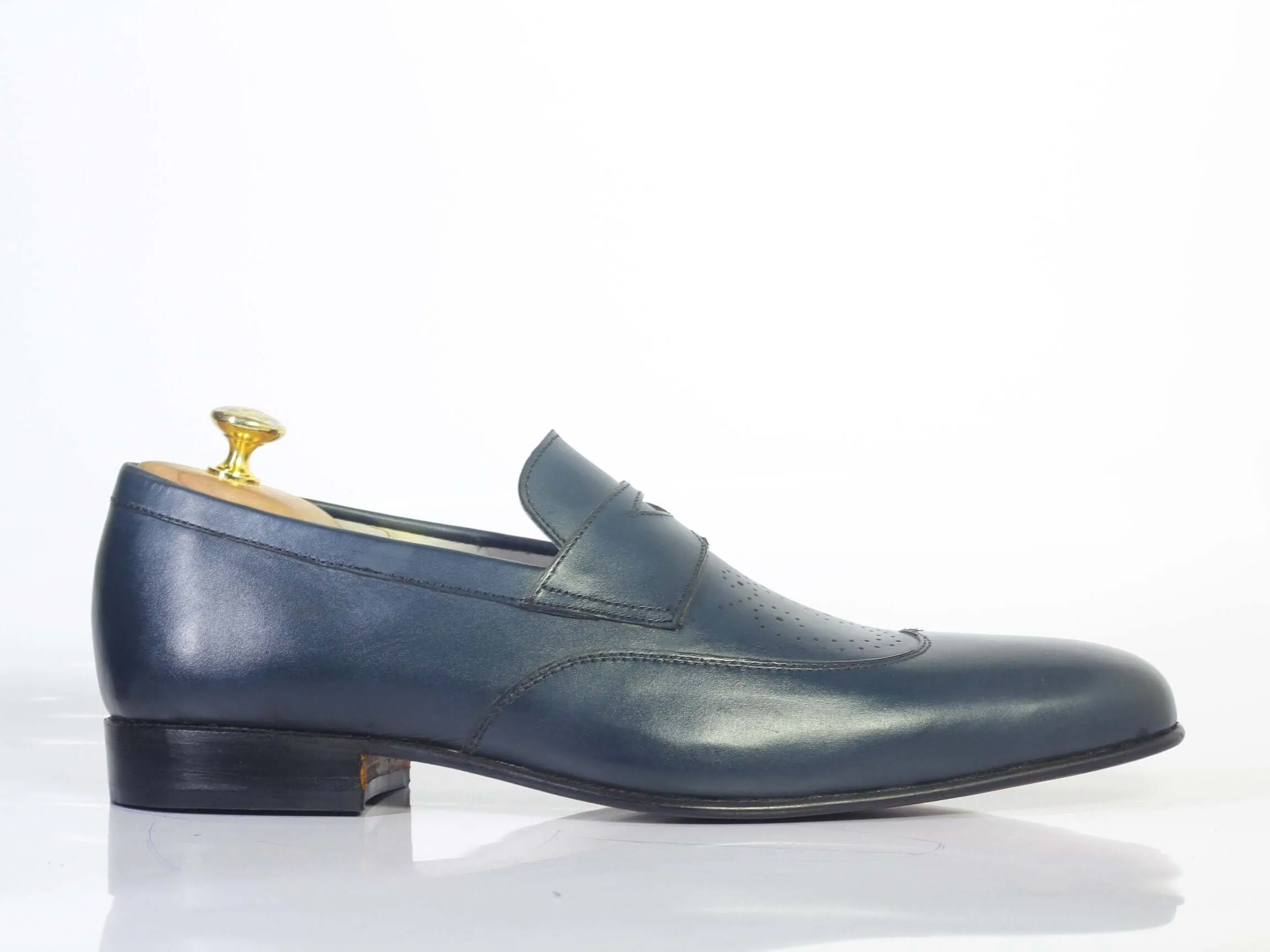 Bespoke Blue Leather Wing Tip Loafer for Men