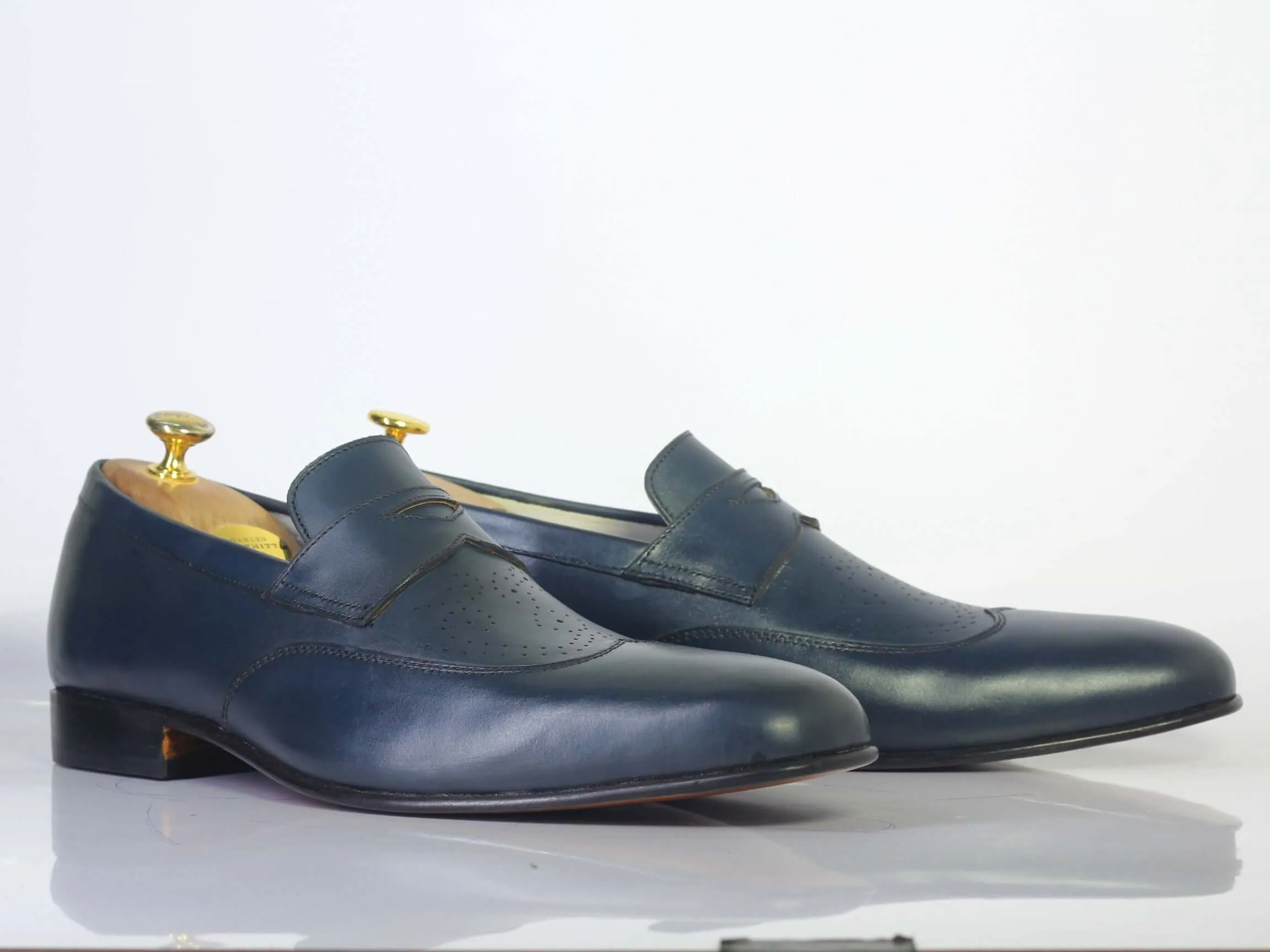 Bespoke Blue Leather Wing Tip Loafer for Men