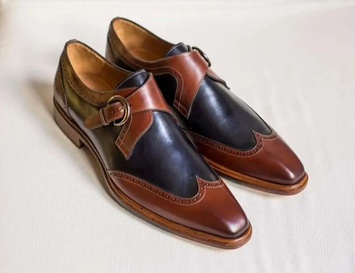 Bespoke Brown Black Leather Monk Strap Shoes