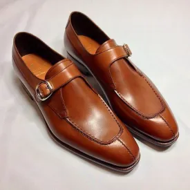 Bespoke Brown Leather Loafer Monk Strap Split Toe Shoe for Men