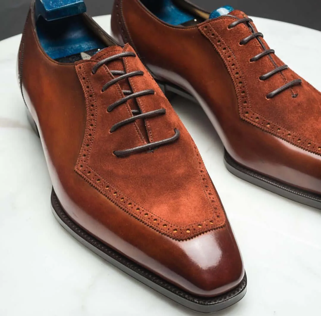 Bespoke Brown Leather Suede Square Toe Lace Up Shoe for Men