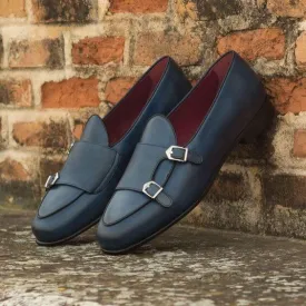 Bespoke Dark Blue Leather Monk Strap Loafer Shoe for Men