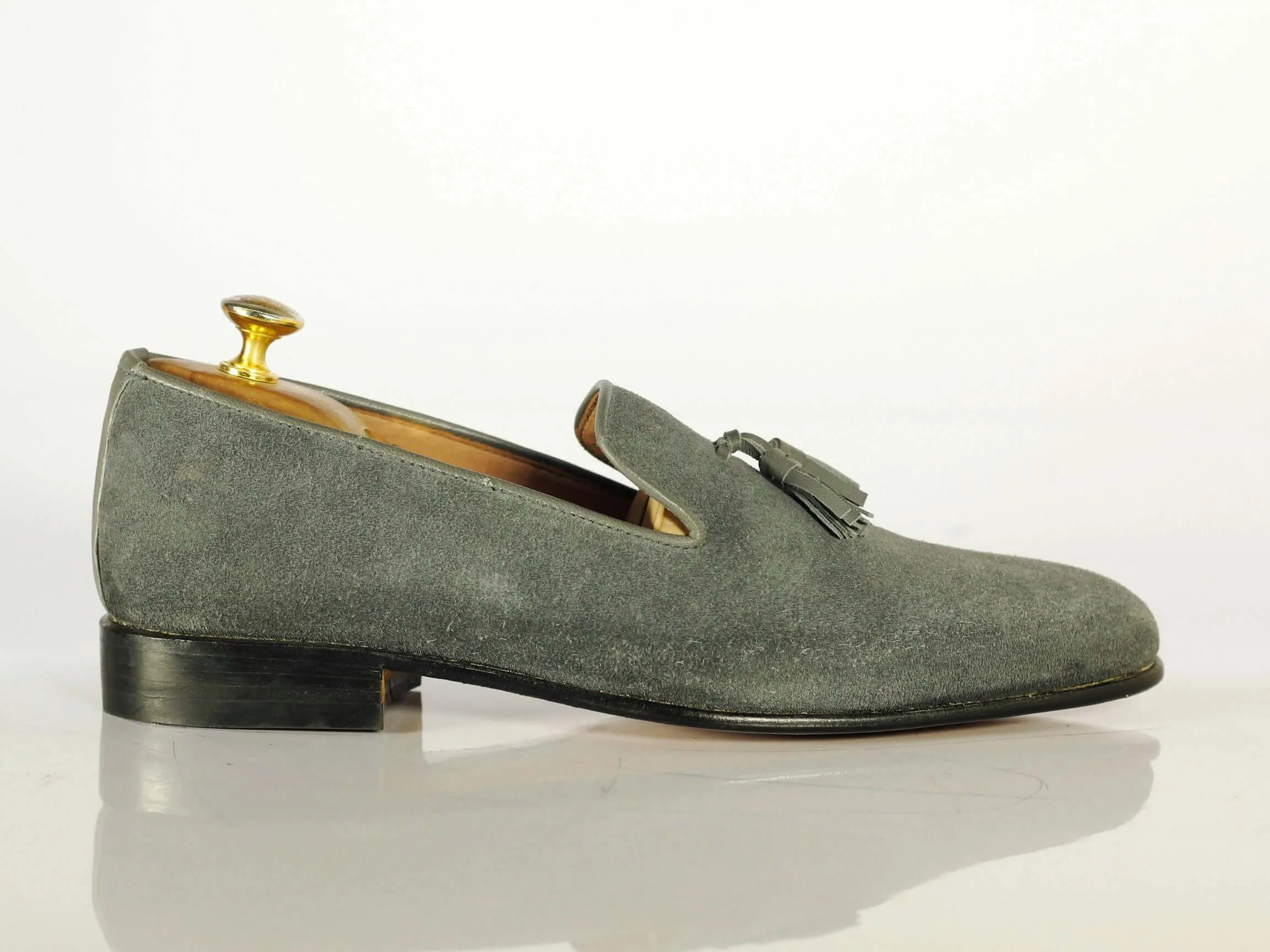 Bespoke Gray Tussles Penny Loafer Suede Shoes