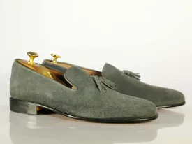 Bespoke Gray Tussles Penny Loafer Suede Shoes