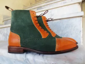 Bespoke Green & Tan Leather Suede Cap Toe Lace Up Boot