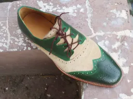 Bespoke Green Beige Leather Suede Wing Tip Shoe for Men