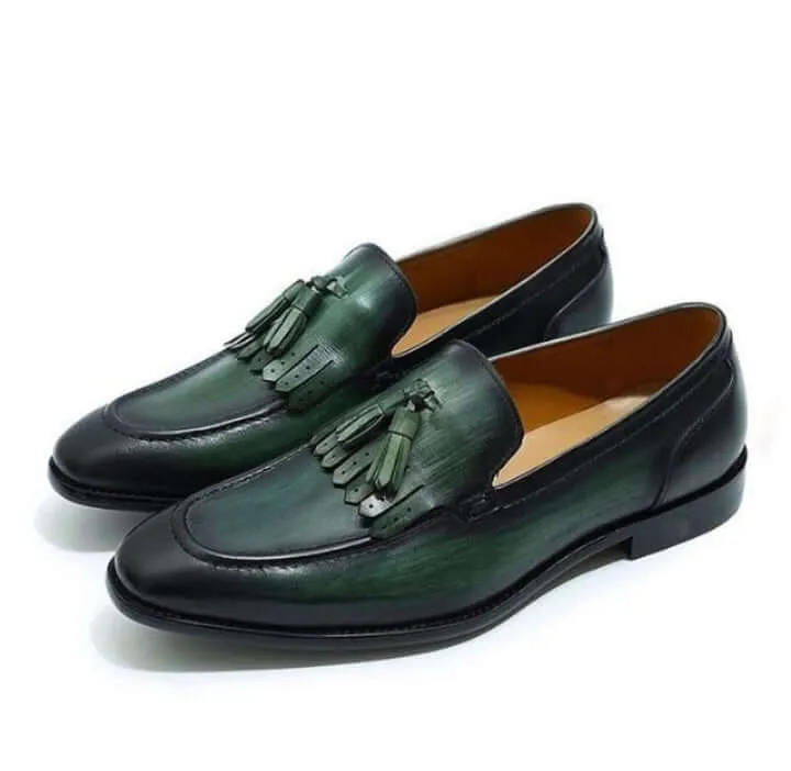 Bespoke Green Leather Fringe Tussle Loafer Shoe for Men