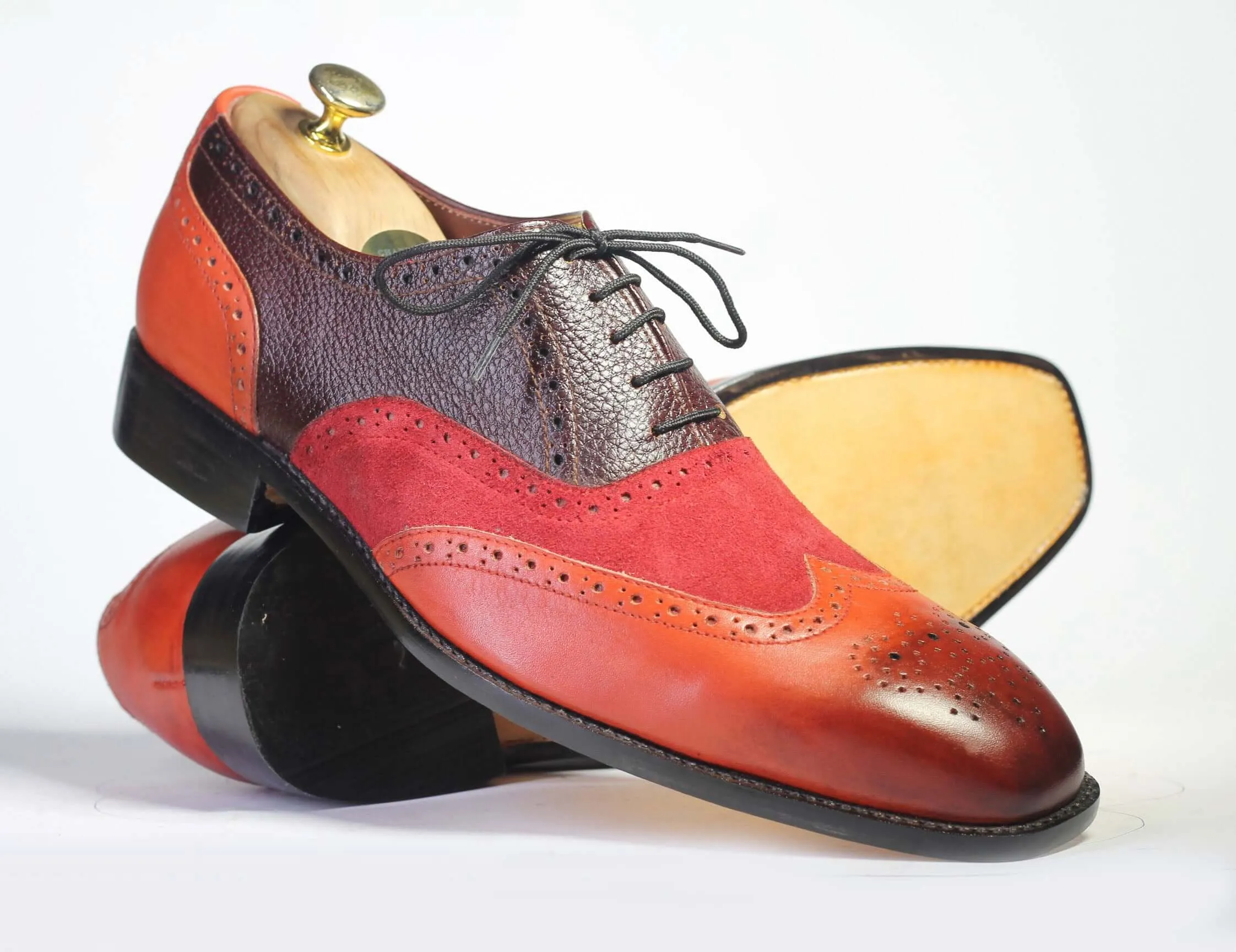 Bespoke Multi Color Leather Suede Wing Tip Lace up Shoe for Men's