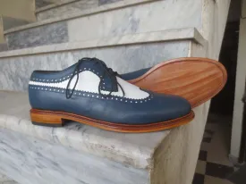 Bespoke Navy Blue & White Leather Wing Tip Shoe for Men's