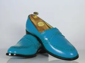 Bespoke Sky Blue Leather Penny Loafer for Men's