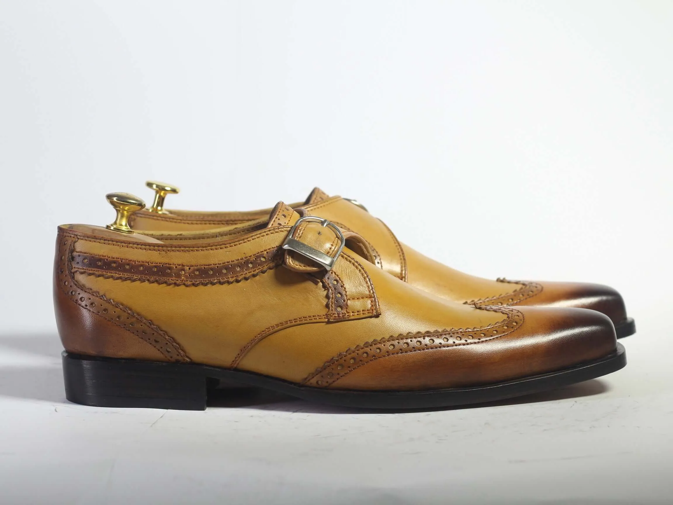 Bespoke Tan Brown Leather Buckle up Shoes for Men's