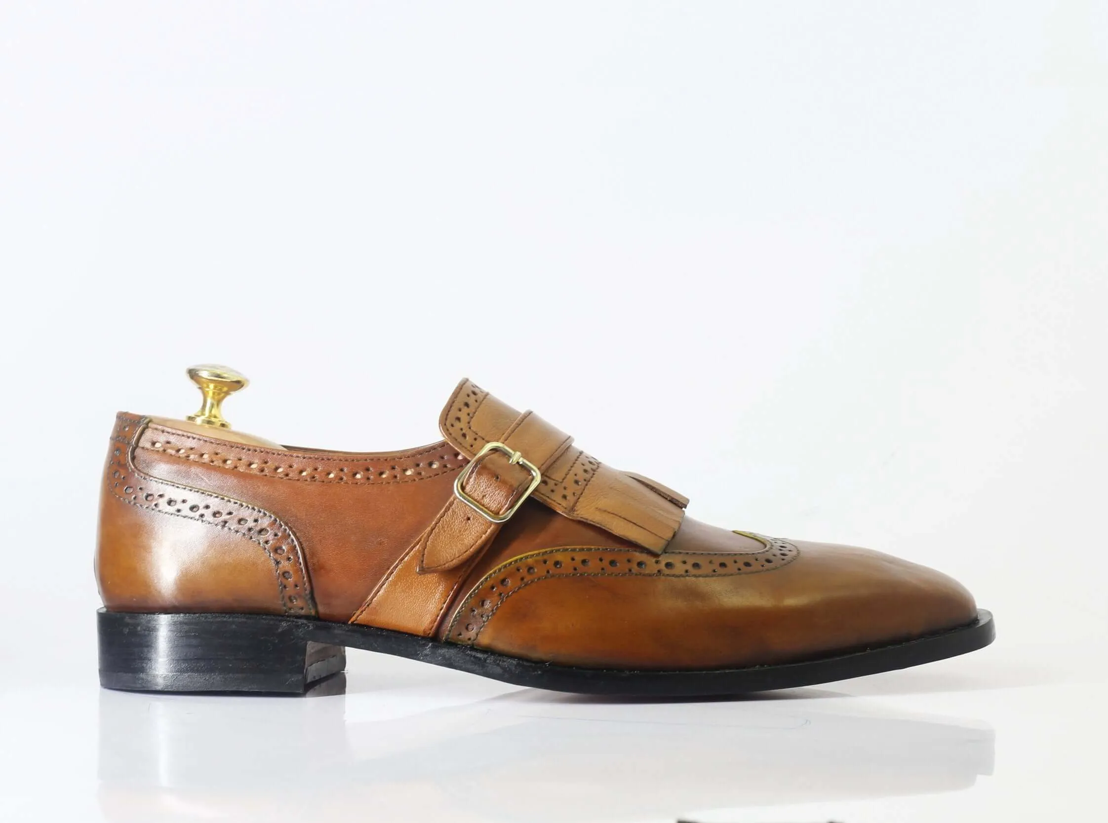 Bespoke Tan Leather Fringe Monk Strap Shoes for Men's