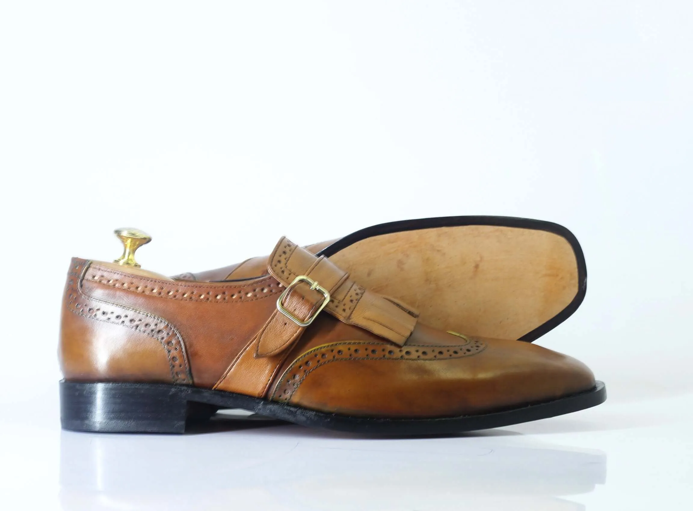 Bespoke Tan Leather Fringe Monk Strap Shoes for Men's