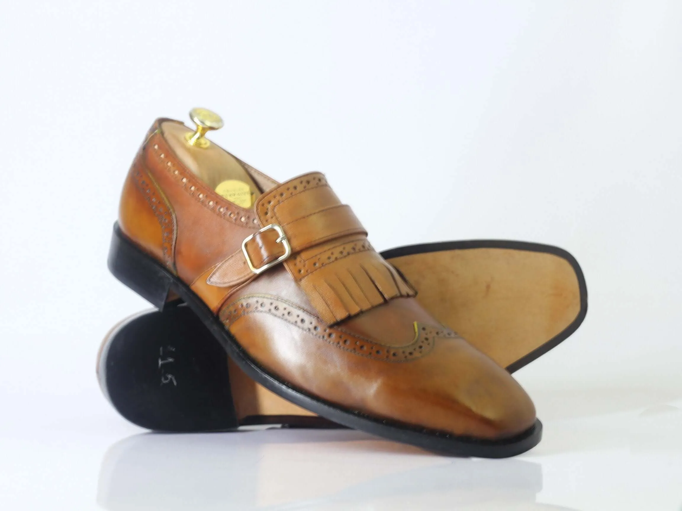 Bespoke Tan Leather Fringe Monk Strap Shoes for Men's