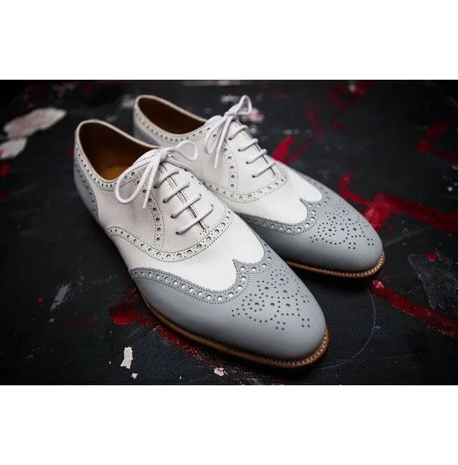 Bespoke White & Gray Leather Wing Tip  Lace Up Shoes for Men's