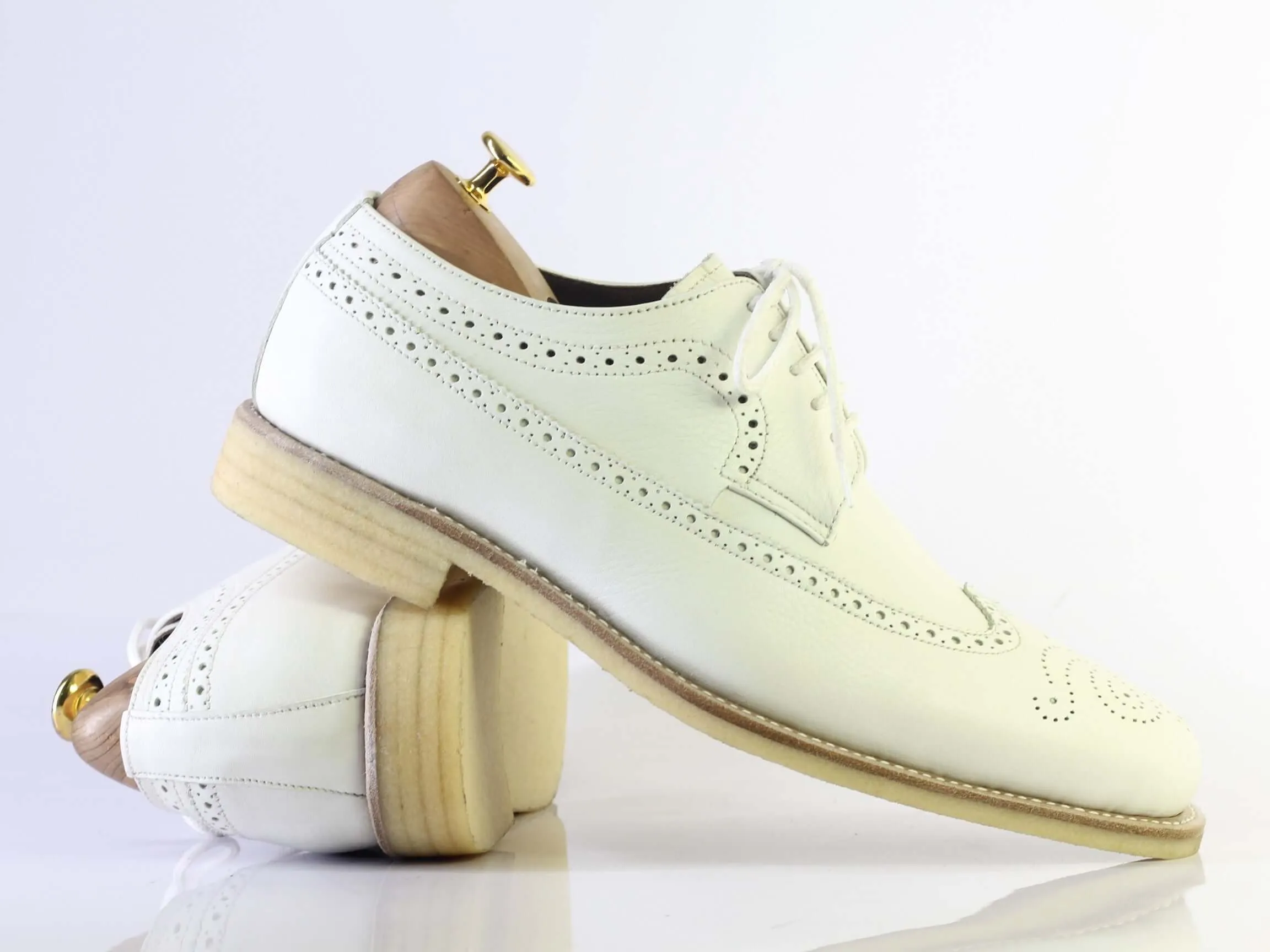 Bespoke White Leather Wing Tip Lace Up Shoe for Men's