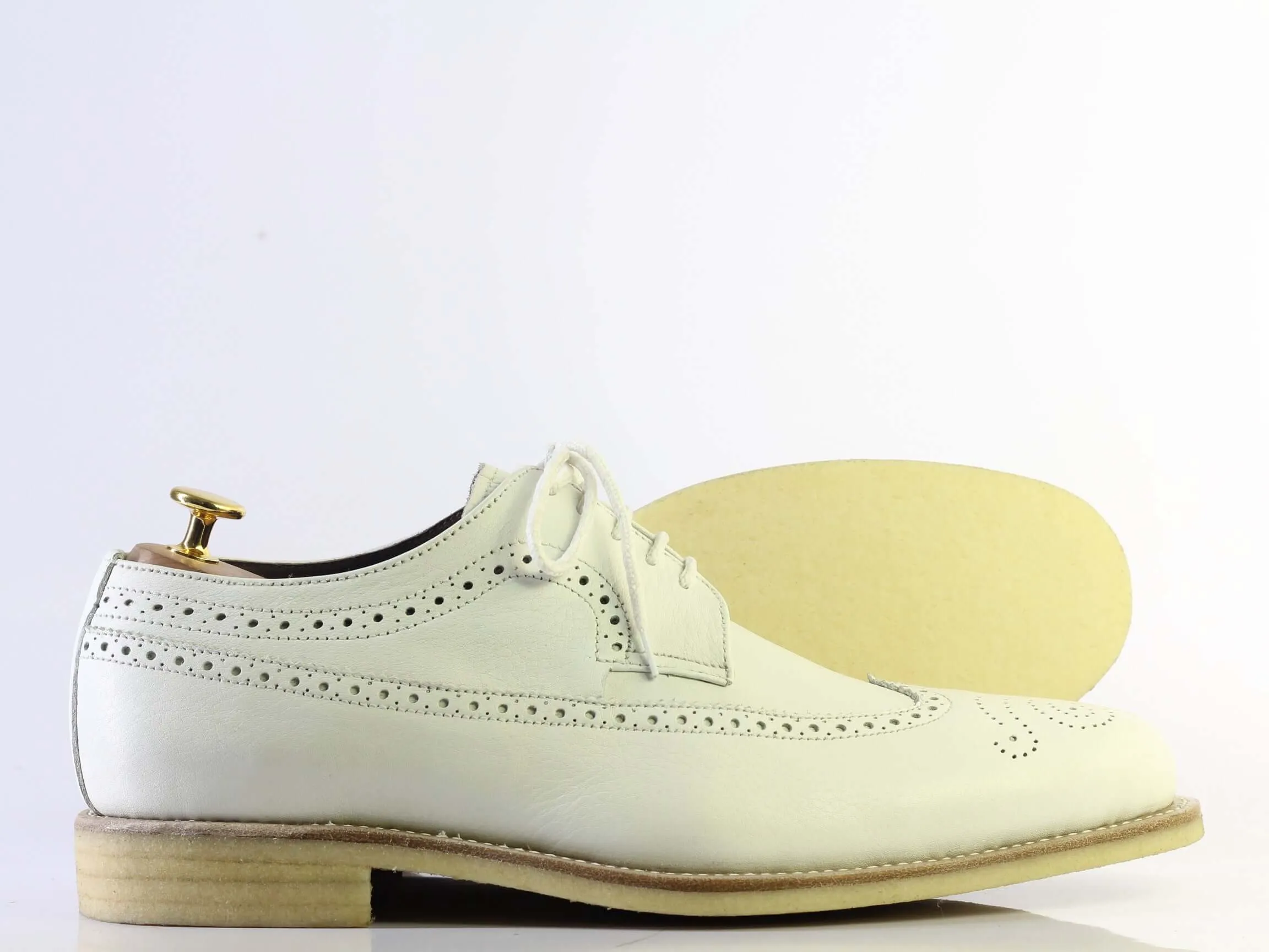 Bespoke White Leather Wing Tip Lace Up Shoe for Men's