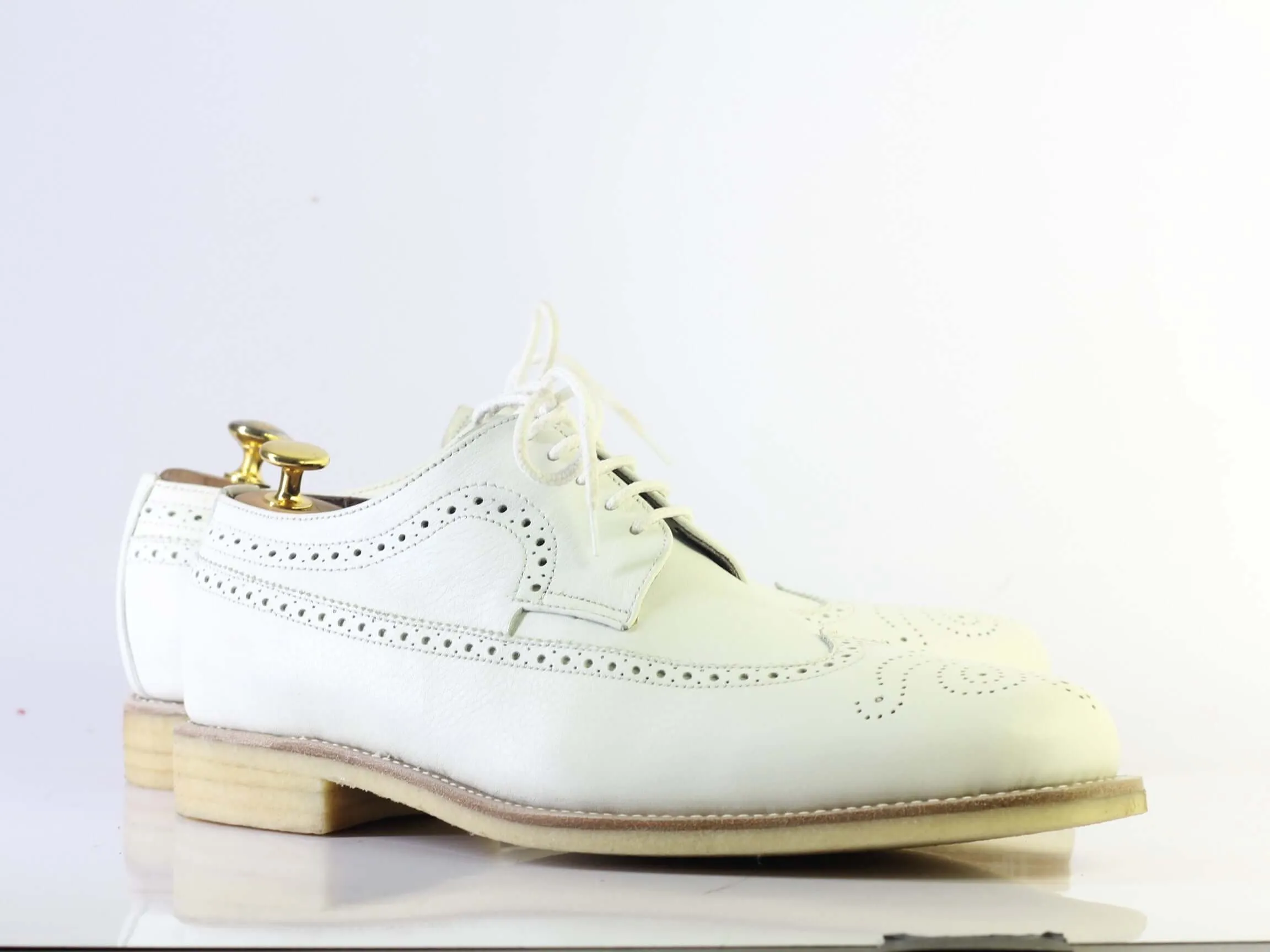 Bespoke White Leather Wing Tip Lace Up Shoe for Men's