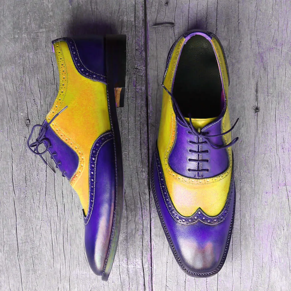 Bespoke Yellow & Blue Leather Wing Tip Lace Up Shoes for Men's