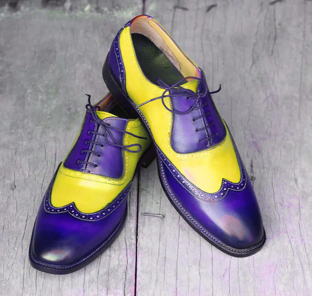 Bespoke Yellow & Blue Leather Wing Tip Lace Up Shoes for Men's