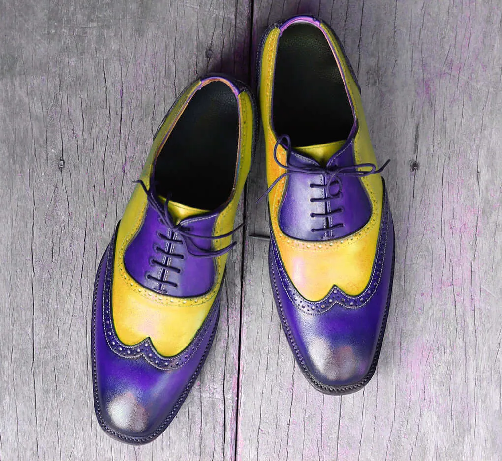 Bespoke Yellow & Blue Leather Wing Tip Lace Up Shoes for Men's