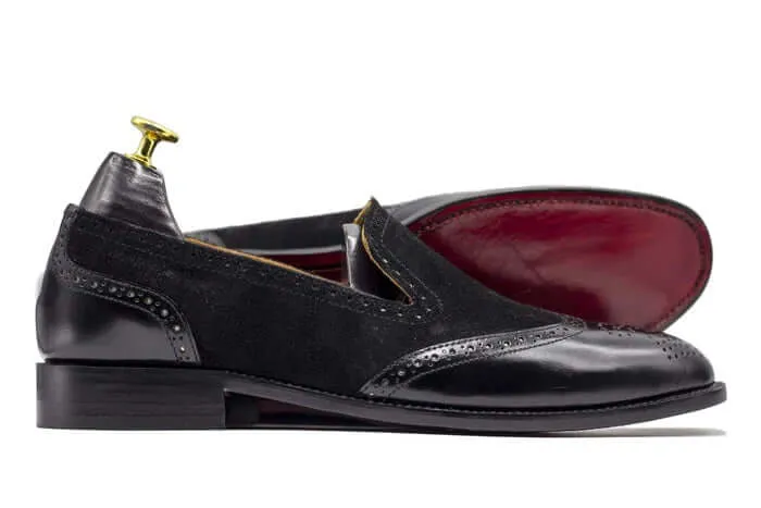 Black Slip On Handmade Loafer Shoes,Leather & Velvet Men's Shoes