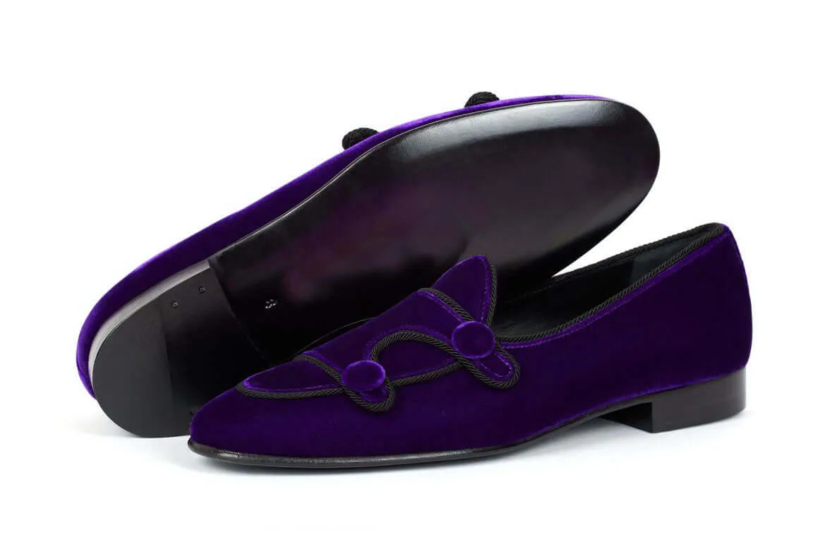 Blue Belgina Loafer Velvet Shoes, Double Monk Style Men Party Shoes