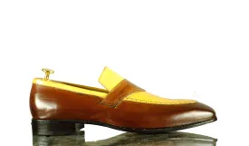 Brown Yellow Loafer Leather Shoes For Men's