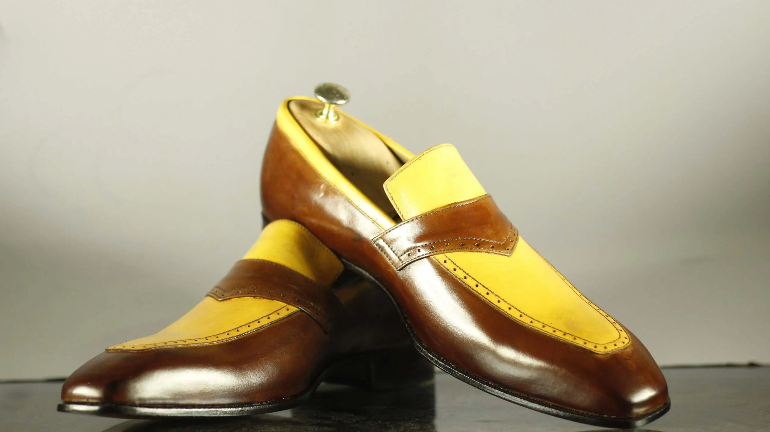 Brown Yellow Loafer Leather Shoes For Men's